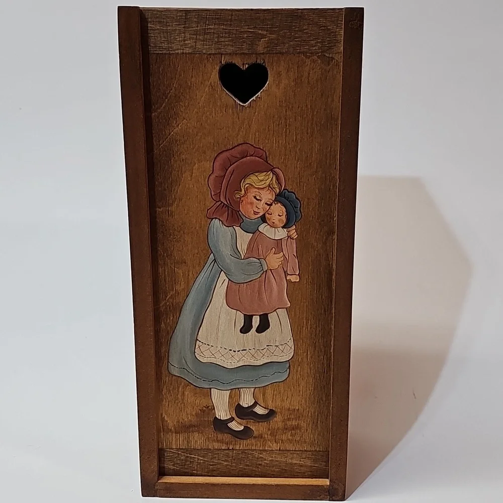 Beautiful Vintage Handpainted Prairie Girl+Doll Wooden Keepsake Box, Sliding Lid